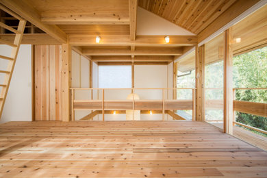 Imagen de dormitorio infantil asiático de tamaño medio con suelo de madera clara