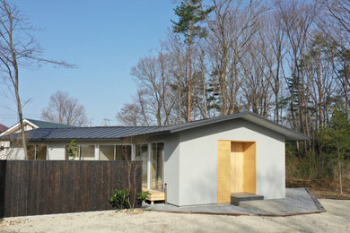 Modelo de fachada minimalista de una planta con tejado a dos aguas