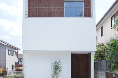 Idéer för små industriella vita hus, med två våningar, blandad fasad och platt tak