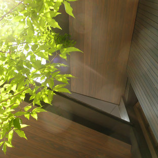 Modelo de fachada marrón, vintage, pequeña, de una planta, con revestimiento de madera, tejado a dos aguas y tejado de metal