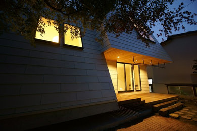 Foto della facciata di una casa bianca moderna a due piani di medie dimensioni con rivestimento in metallo e copertura in metallo o lamiera