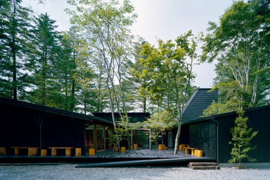 Ejemplo de fachada negra de una planta con revestimiento de madera, tejado de un solo tendido y tejado de metal