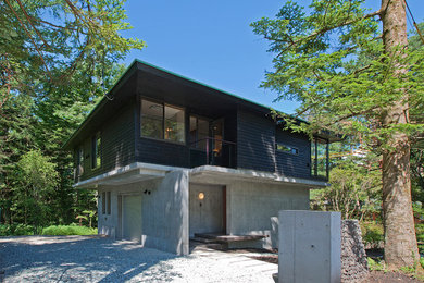 Ejemplo de fachada de casa gris actual de dos plantas con revestimiento de madera y tejado plano