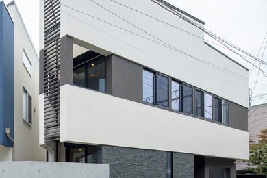 Imagen de fachada de casa moderna de tamaño medio de dos plantas con tejado de un solo tendido y tejado de metal