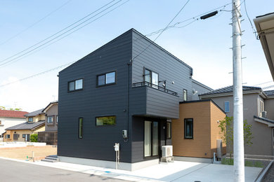 Réalisation d'une façade de maison asiatique à un étage avec un revêtement mixte et un toit en appentis.