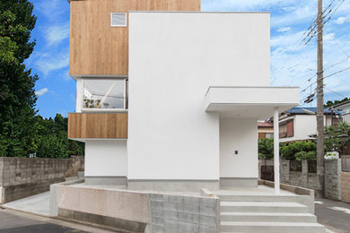 Diseño de fachada de casa blanca moderna de dos plantas con revestimientos combinados y tejado de un solo tendido