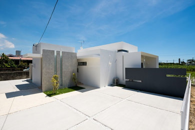 Modelo de fachada de casa blanca moderna de una planta con revestimiento de hormigón y tejado plano