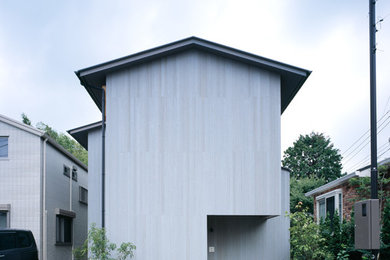 Immagine della villa grigia moderna a due piani con rivestimento in legno, tetto a capanna e copertura in metallo o lamiera