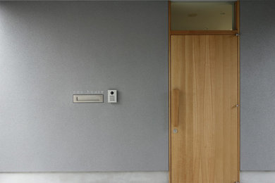 Zweistöckiges Modernes Einfamilienhaus mit Mix-Fassade, grauer Fassadenfarbe, Satteldach und Blechdach in Tokio