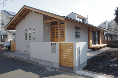 Diseño de fachada de casa blanca y gris de una planta con revestimiento de estuco, tejado a dos aguas y tejado de metal