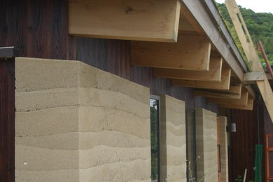 Ejemplo de fachada beige clásica de una planta con revestimiento de adobe y tejado de un solo tendido