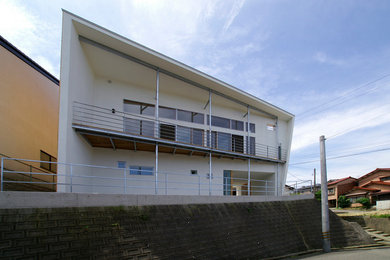 Ejemplo de fachada blanca moderna de dos plantas con tejado de un solo tendido