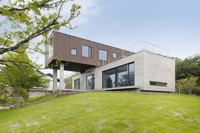 Immagine della villa marrone moderna a due piani di medie dimensioni con rivestimento in legno e tetto piano