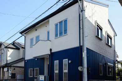 Photo of a modern two floor detached house in Other with a lean-to roof and a metal roof.
