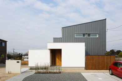 Aménagement d'une façade de maison grise à un étage avec un toit en appentis.