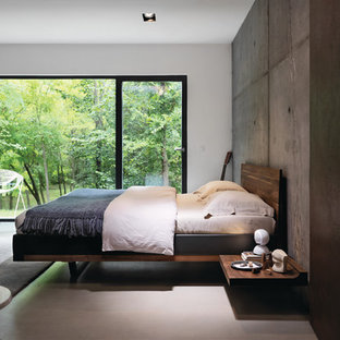 Ejemplo de dormitorio industrial con paredes multicolor y suelo gris
