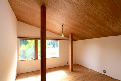 Imagen de dormitorio principal con paredes blancas y suelo de madera en tonos medios