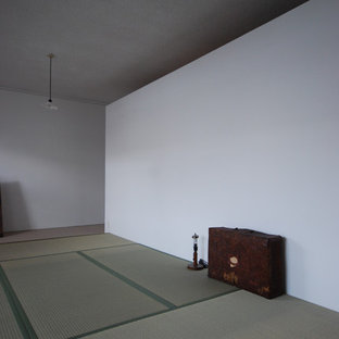 Diseño de dormitorio principal, actual, con paredes blancas y tatami