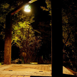 Geräumiges, Schattiges Asiatisches Garten im Innenhof im Sommer mit Auffahrt, Kamin und Dielen in Sonstige