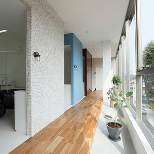 Esempio di un ingresso o corridoio scandinavo di medie dimensioni con pareti beige, pavimento in terracotta e pavimento bianco