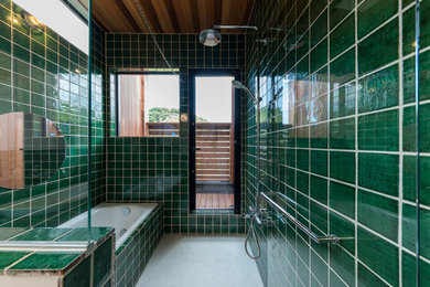 他の地域にあるおしゃれな浴室 (茶色いキャビネット、緑のタイル、緑の壁、磁器タイルの床、ベージュの床、開き戸のシャワー) の写真