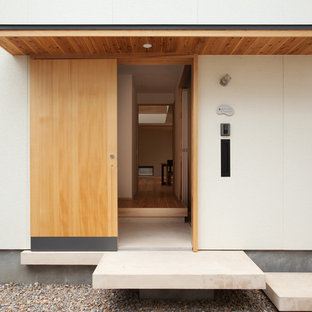 Immagine di una porta d'ingresso etnica con pareti bianche, pavimento in cemento, una porta scorrevole e una porta in legno chiaro