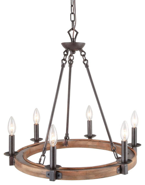 Rustic Farmhouse Chandelier, 6 Candelabra Style Lights, Vintage Brown Midcentury Chandeliers