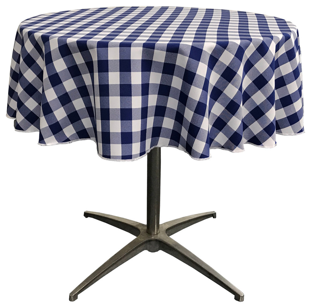 LA Linen Round Gingham Checkered Tablecloth, White and Navy, 51" Round