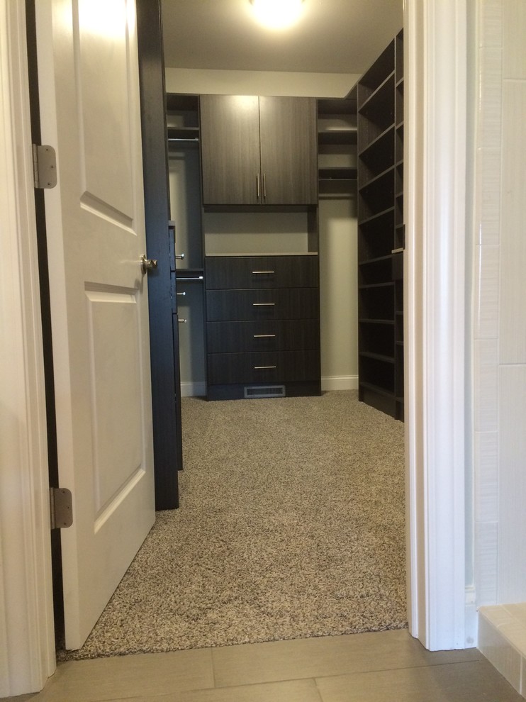 Photo of a mid-sized contemporary women's walk-in wardrobe in Other with flat-panel cabinets, grey cabinets and carpet.