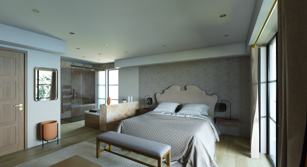 Immagine di una camera da letto tradizionale con pareti grigie, pavimento in laminato, soffitto a cassettoni e carta da parati