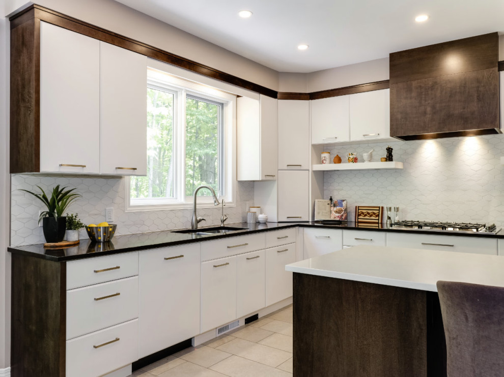 Photo of a contemporary kitchen in Ottawa with flat-panel cabinets, white cabinets, quartz benchtops, white splashback, mosaic tile splashback, with island, white benchtop and an integrated sink.