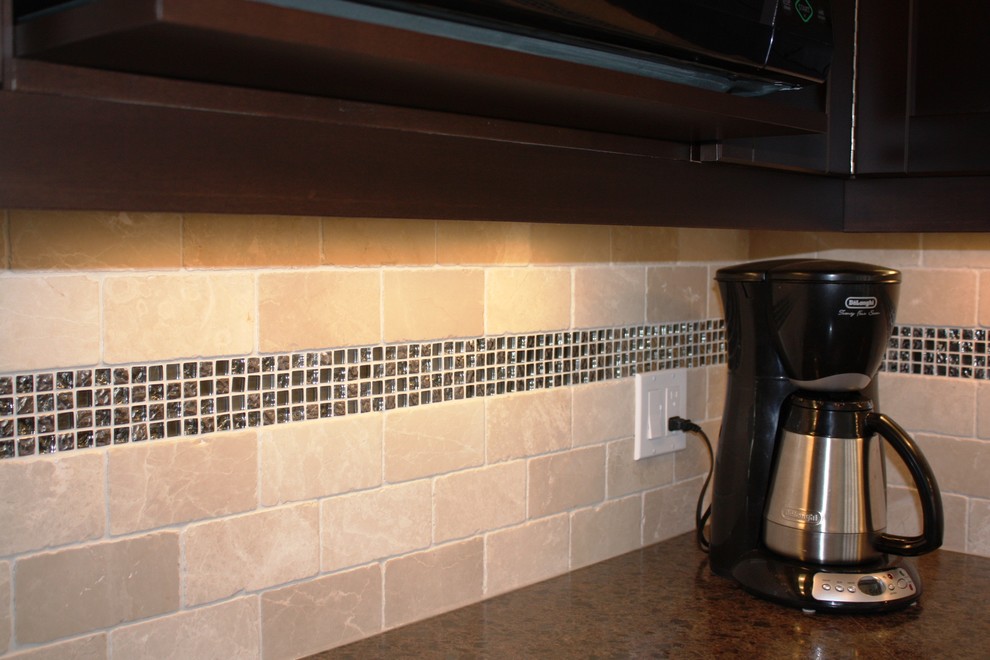 Inspiration for a transitional kitchen remodel in Toronto with stone tile backsplash