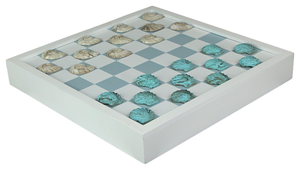 Coastal Themed Seashell Checkers Set With Game Board 13 Inches Beach
