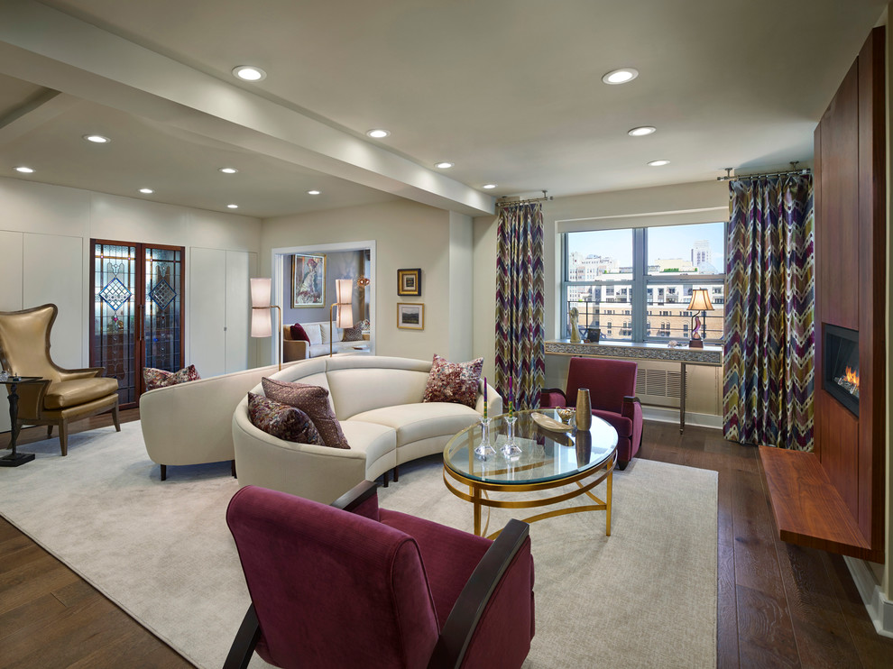 Living room - large mid-century modern formal and enclosed dark wood floor living room idea in Philadelphia with white walls, a ribbon fireplace, a wood fireplace surround and no tv