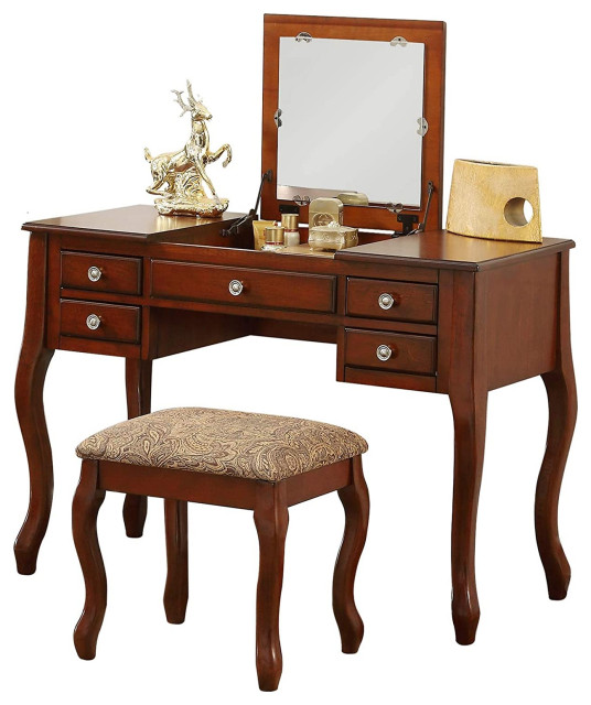 Classic Vanity Set Flip Up Mirror, Cherry Wood Vanity Set With Lights