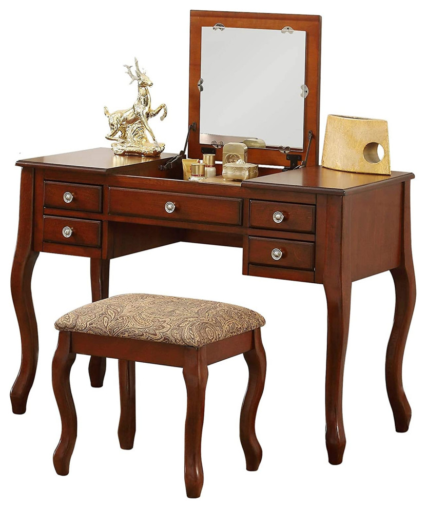 Classic Vanity Set, Flip Up Mirror & Cushioned Stool With Curved Legs