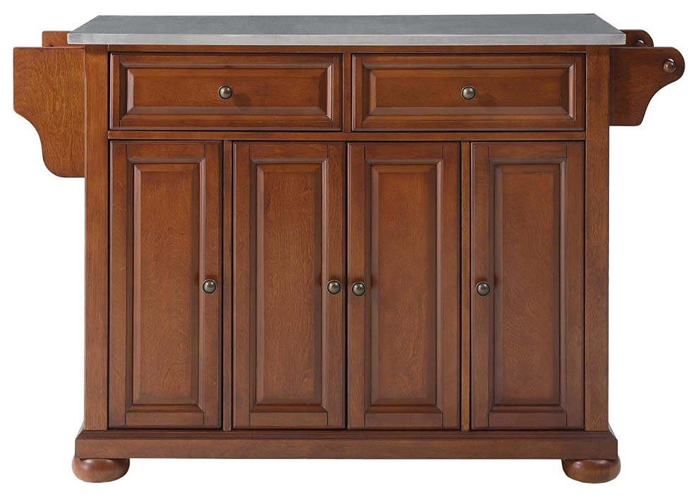 Classic Kitchen Island, Multiple Storage Cabinet and Stainless Steel Top, Cherry