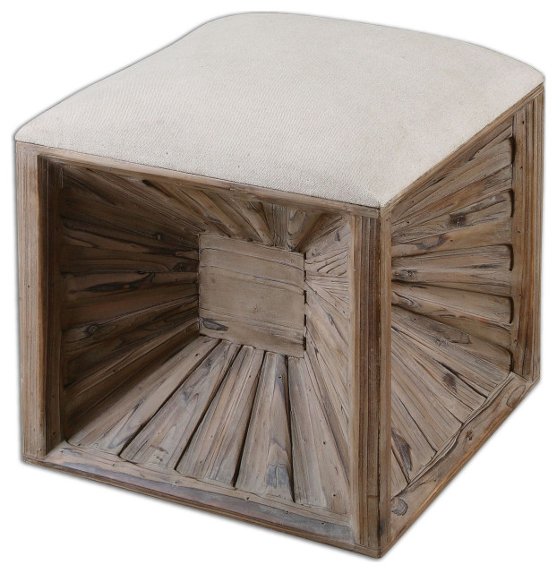 Uttermost 23131 Jia Wooden Burst Base Ottoman - Neutral Linen with Weathered