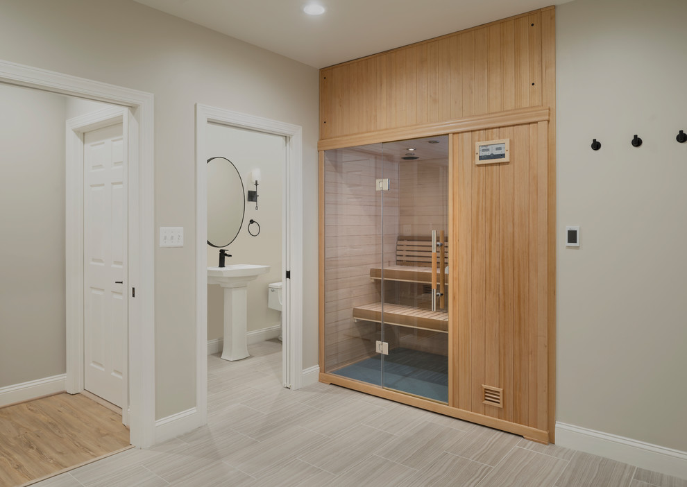 Walk-in shower - transitional beige tile vinyl floor and beige floor walk-in shower idea in DC Metro with shaker cabinets, dark wood cabinets, an undermount tub, beige walls, an undermount sink, quartz countertops and beige countertops