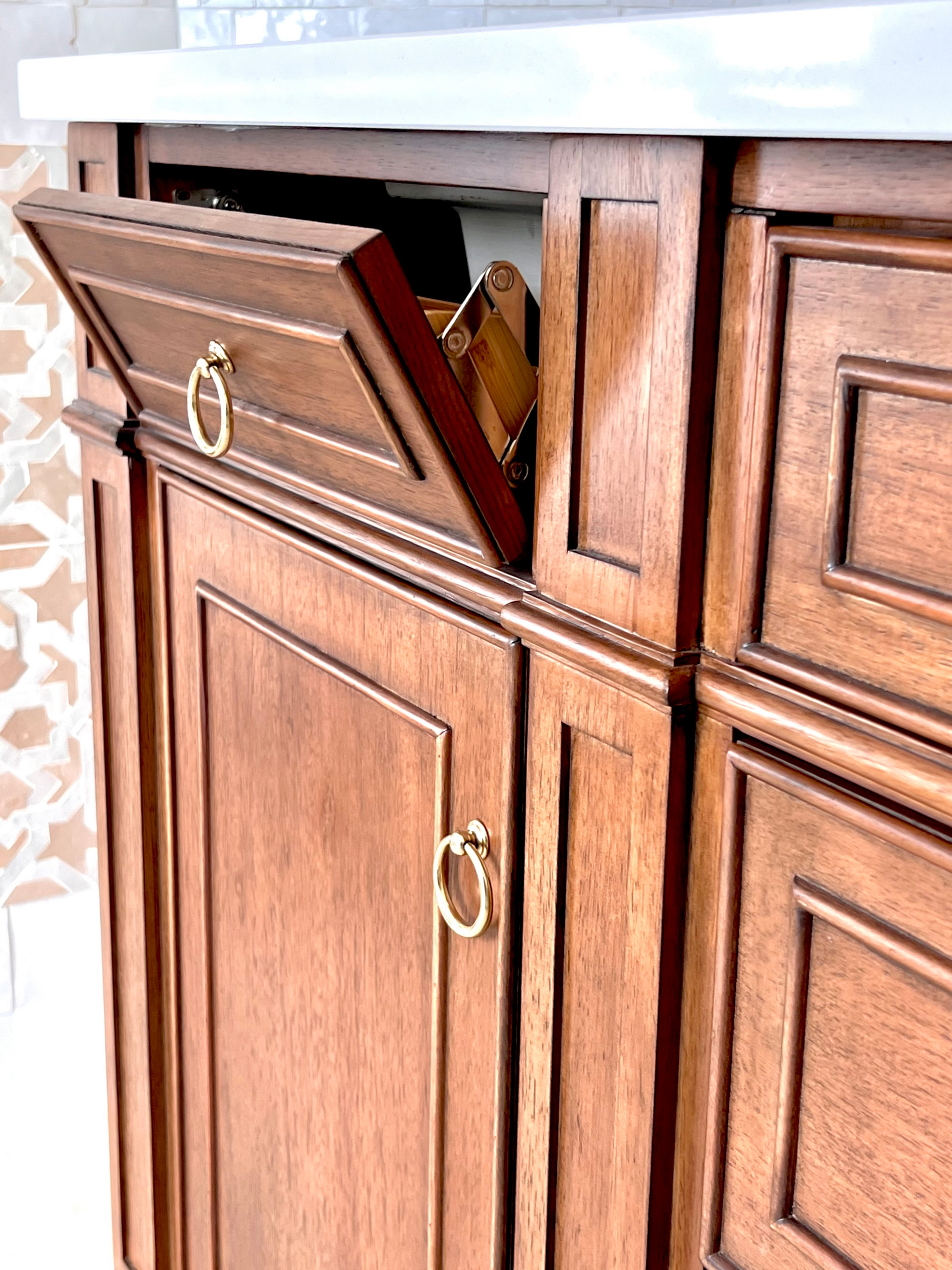 A False Panel Houses a Convenient Drop Down Tray w/Brass Hinges
