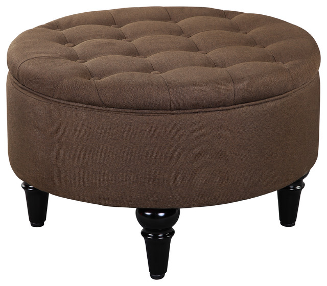 cristo 24 round upholstered storage ottoman with reversible top brown fabric