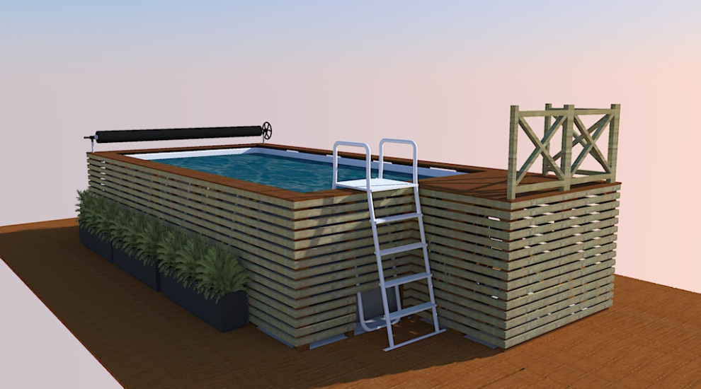 Cette photo montre un piscine avec aménagement paysager arrière moderne de taille moyenne et rectangle avec une terrasse en bois.