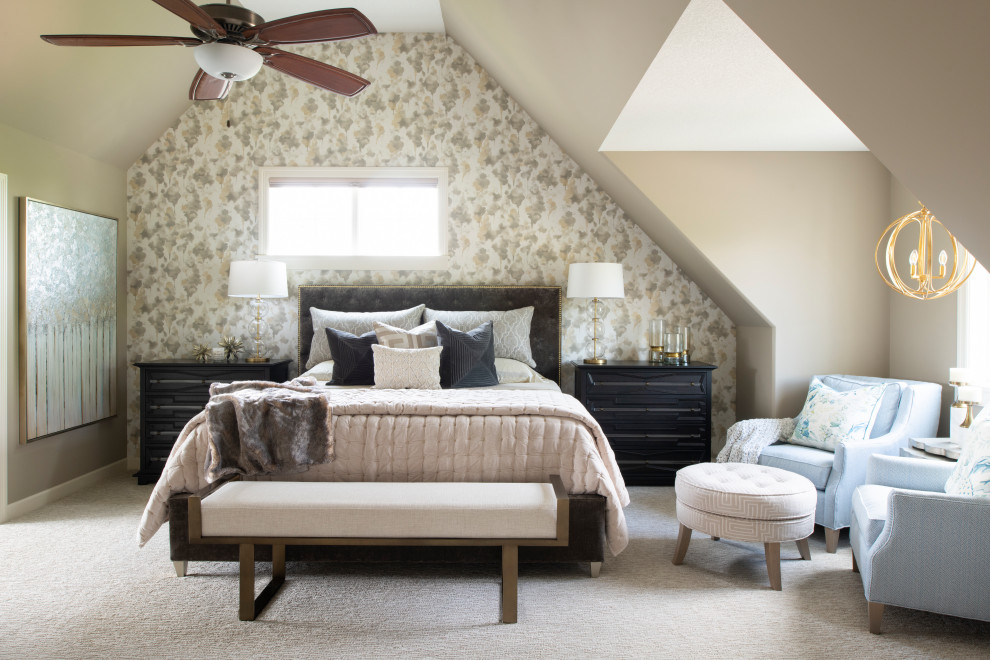 Photo of a large transitional master bedroom in Minneapolis with beige walls, carpet, grey floor, vaulted and wallpaper.