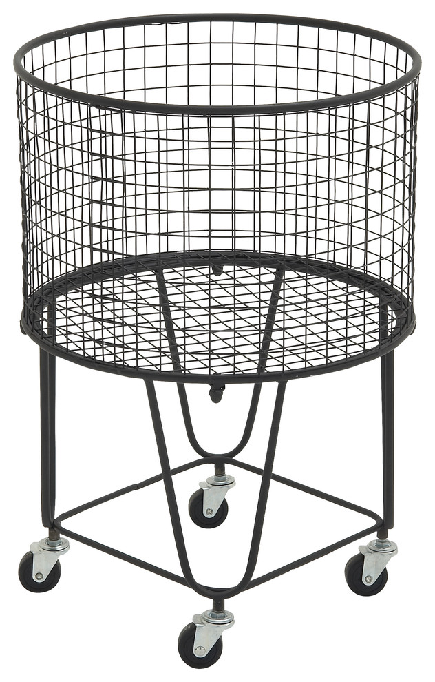 Black Metal Hamper Basket With Wheels, 17"x25" Industrial Hampers