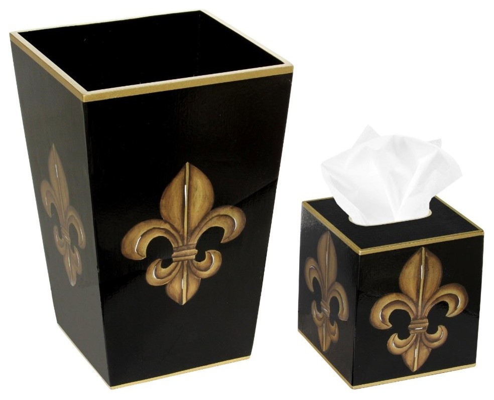 Trash Bin With Tissue Box Cover, Black and Gold Fleur-de-Lis