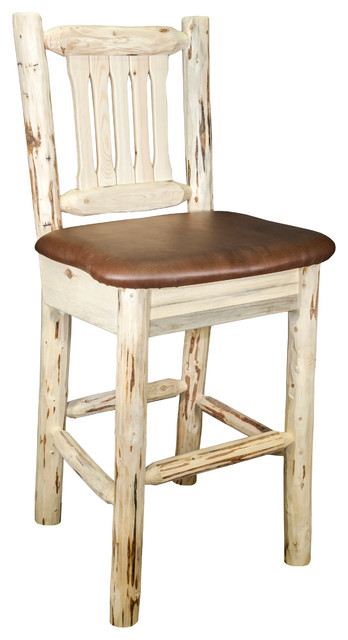 Barstool With Back, Clear Lacquer Finish With Upholstered Seat, Saddle Pattern