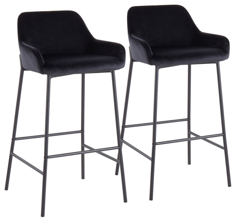 Daniella FixedHeight Bar Stool, Set of 2, Black Metal/Black Velvet