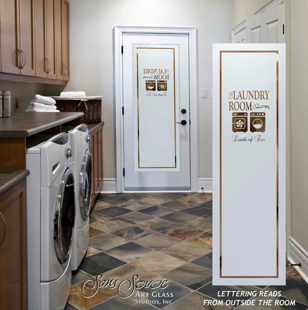 Mid-sized eclectic single-wall ceramic tile dedicated laundry room photo in Other with a single-bowl sink, recessed-panel cabinets, medium tone wood cabinets, laminate countertops, beige walls and a side-by-side washer/dryer