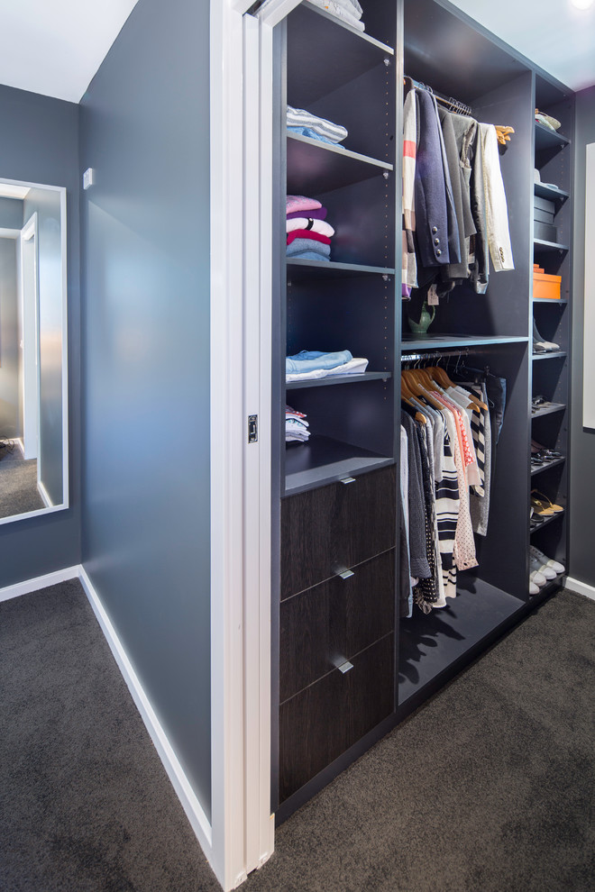 This is an example of a small contemporary gender-neutral walk-in wardrobe in Brisbane with open cabinets, dark wood cabinets and carpet.