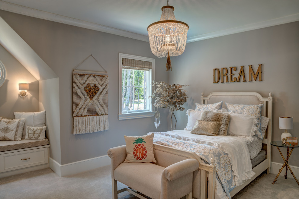 Inspiration for a traditional kids' room for girls in Charlotte with grey walls, carpet and grey floor.
